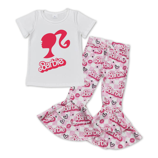 Pink Girls Cartoon Shirt + Light Pink Bell Pants Jeans