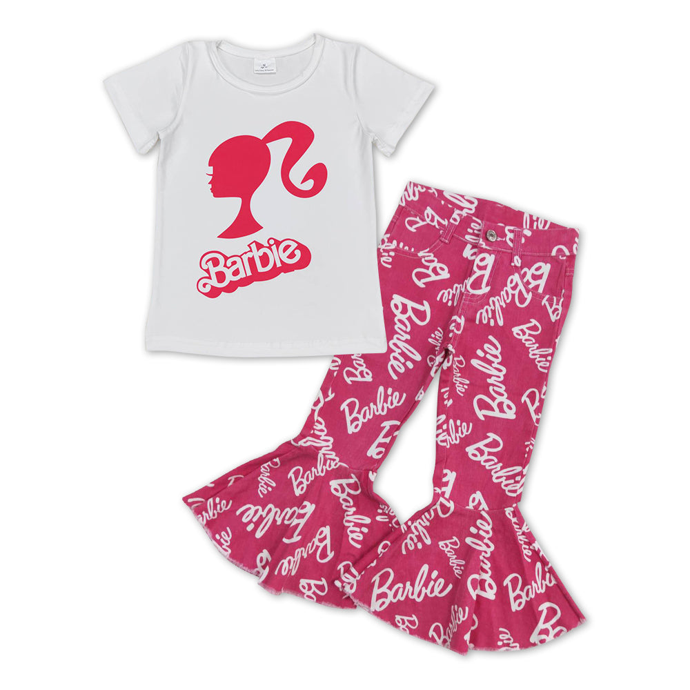 White Girls Cartoon Shirt + Hot Pink Bell Pants Jeans