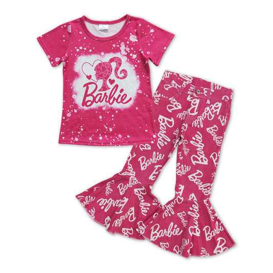 Hot Pink Girls Cartoon Shirt + Hot Pink Bell Pants Jeans