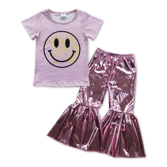 Smlie Print Shirt+ Pink satin spandex Bell Pants girl outfits