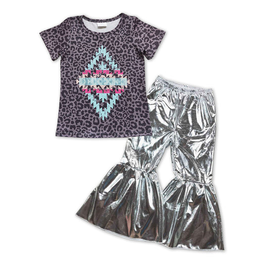 Grey Cartoon Print Shirt+ silver satin spandex Bell Pants girl outfits