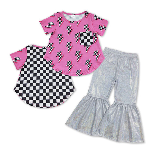 Pink Plaid Cartoon Print Shirt+ White satin spandex Bell Pants girl outfits