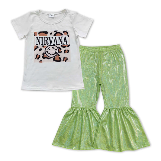 White Cartoon Print Shirt+ Green satin spandex Bell Pants girl outfits