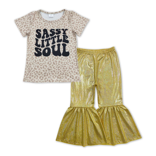 Leopard Letter Print Shirt+ Yellow satin spandex Bell Pants girl outfits
