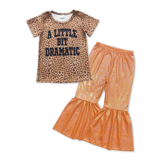 Leopard Letter Print Shirt+ Orange satin spandex Bell Pants girl outfits
