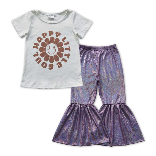 Smlie Print Shirt+ Purple satin spandex Bell Pants girl outfits