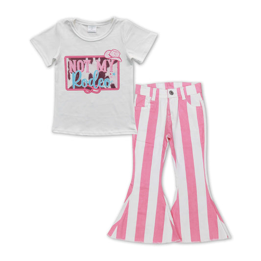 Western NOT MY RODEO Pink Letter Shirt + Pink Stripe Bell Pants Jeans