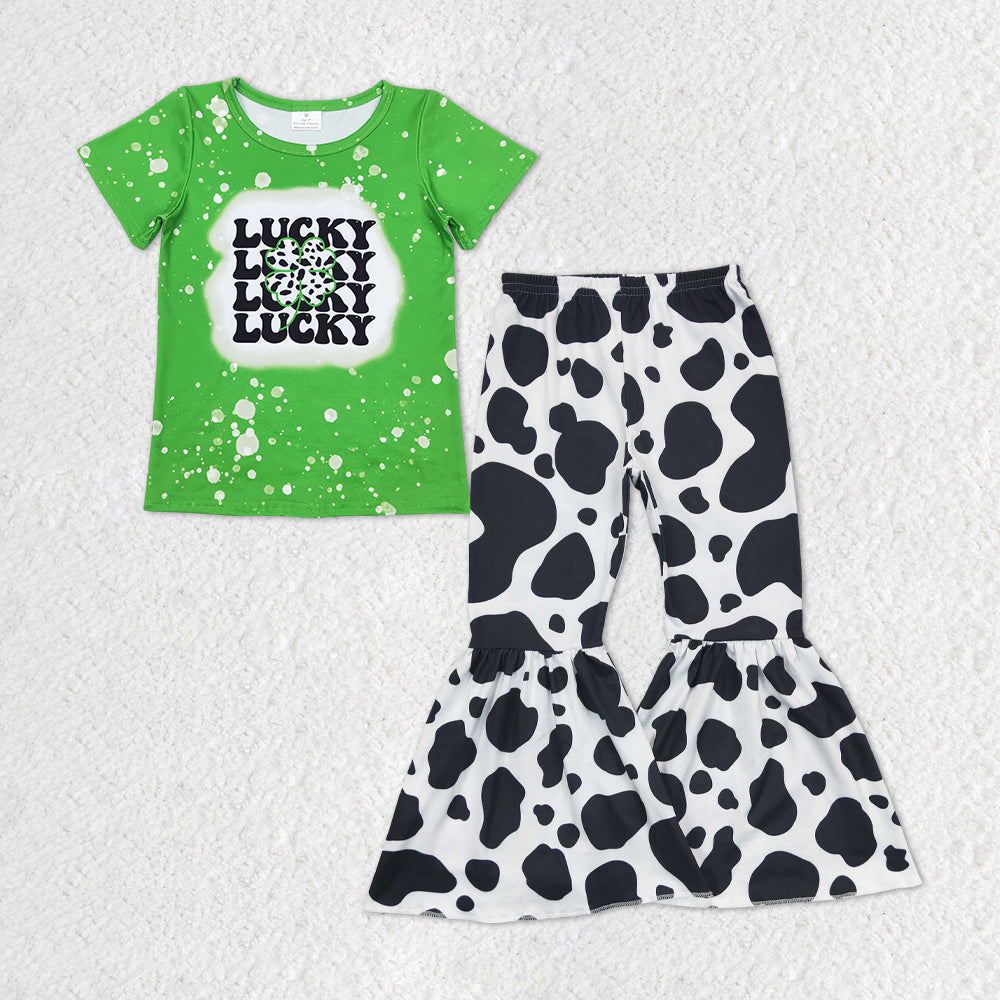 patrick Day Lucky Cow Print Short Sleeve Shirt Cow Girls Set