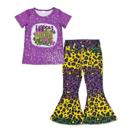 Happy Mardi Gras Shirt Purple Yellow Leopard Pants Jeans