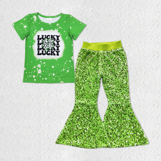 patrick Day Lucky Cow Print Short Sleeve Shirt Light Green Sequin Pants Jeans