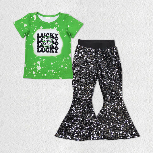 patrick Day Lucky Cow Print Short Sleeve Shirt Black Sequin Pants