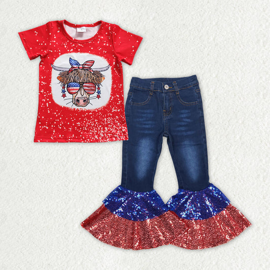 july of 4th Red cow Shirt Bell Pants Jeans set