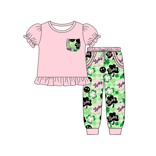 pre -order st patrick day Pink Short Sleeve Girls Set GSP2090