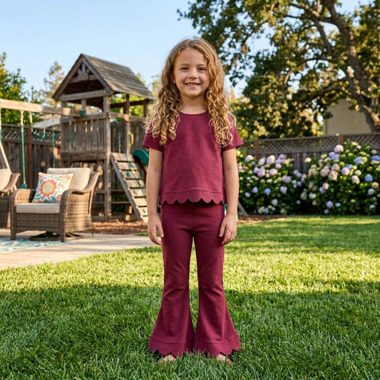 GSPO2341 Solid Color Dark Red Scallop Edge Girls Set