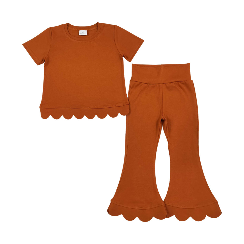 brown scalloped edges Short Sleeve Girls Set GSPO2345