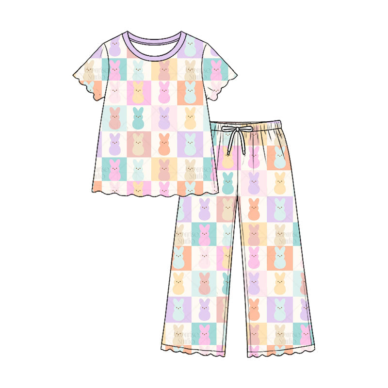 Preorder MOQ 5 pcs GSPO2375 Easter Bunny Plaid Scallop Edge Girls Set