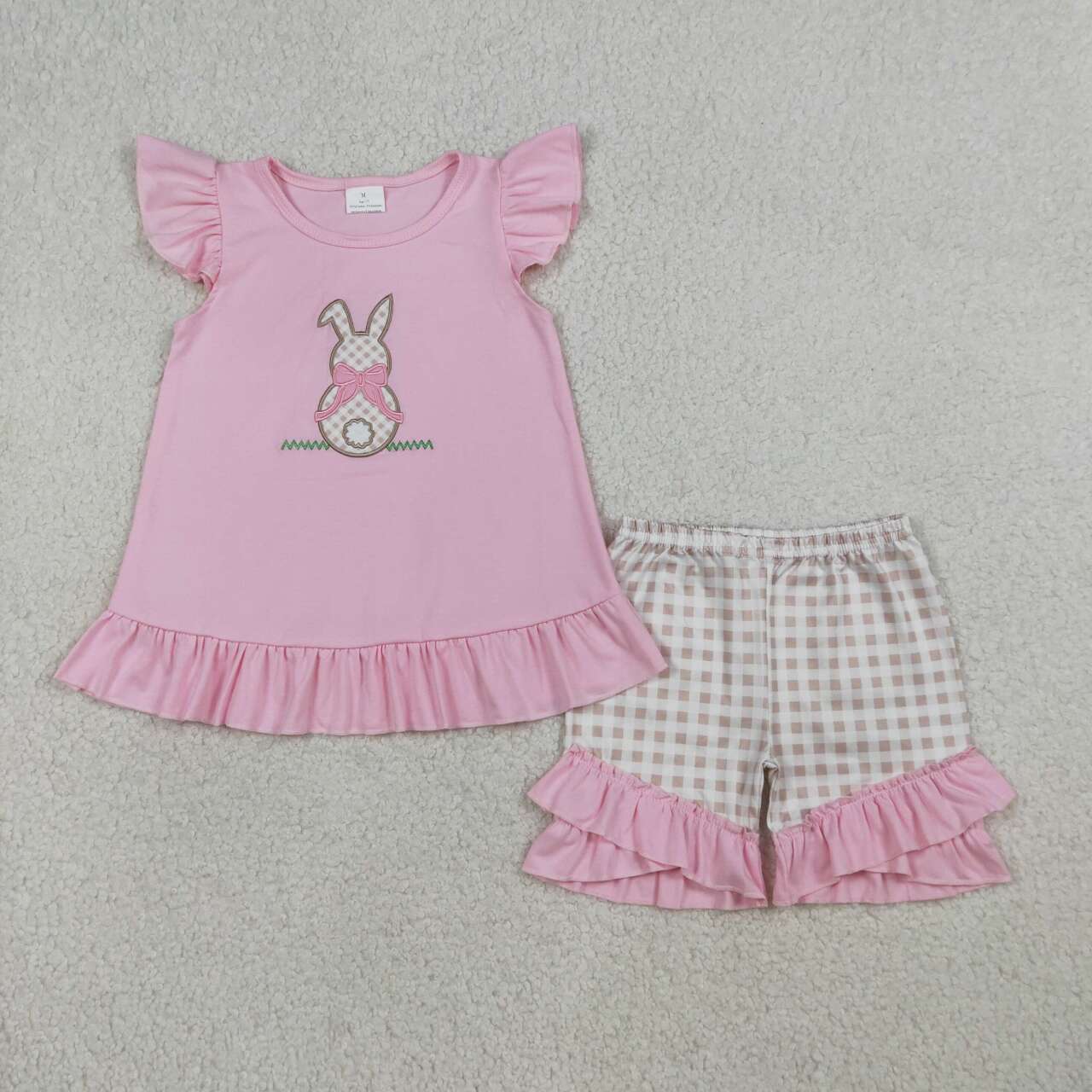 Easter embroidery rabitt pink Flutter Sleeve Girls Set GSSO0374