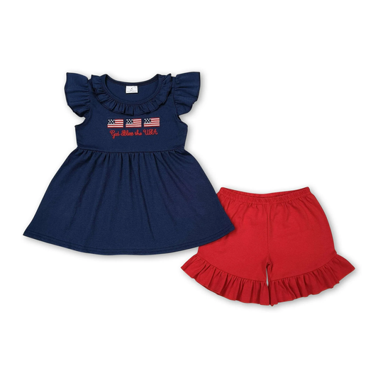 4th of July Flag embroidery set Girls Set (us us warehouse)
