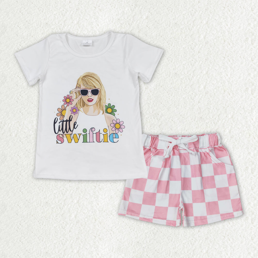 cartoon flower Shirt light pink plaid short Girls Set