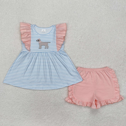 blue stripe puppy embroidery girls Suit Summer Set