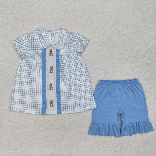 blue plaid easter shorts girl Set