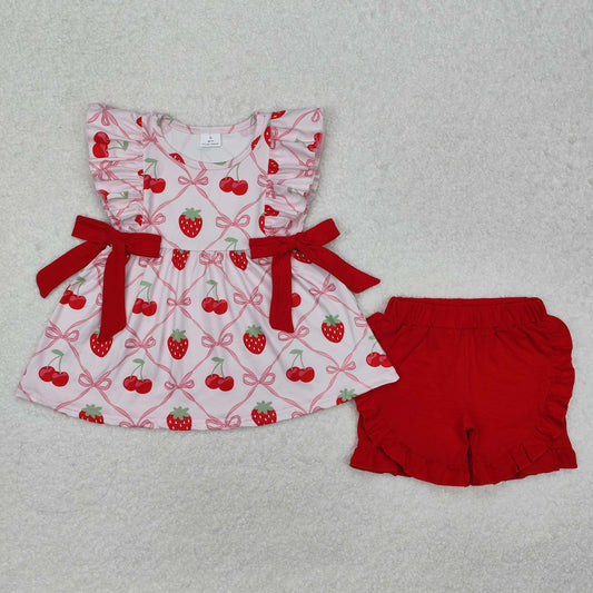Pink bow Strawberry flying sleeve Suit Summer Set