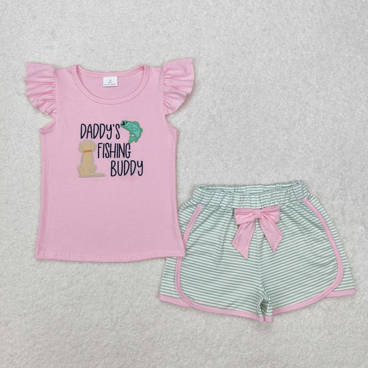 daddy's fishing buddy embroidery girls Suit Summer Set