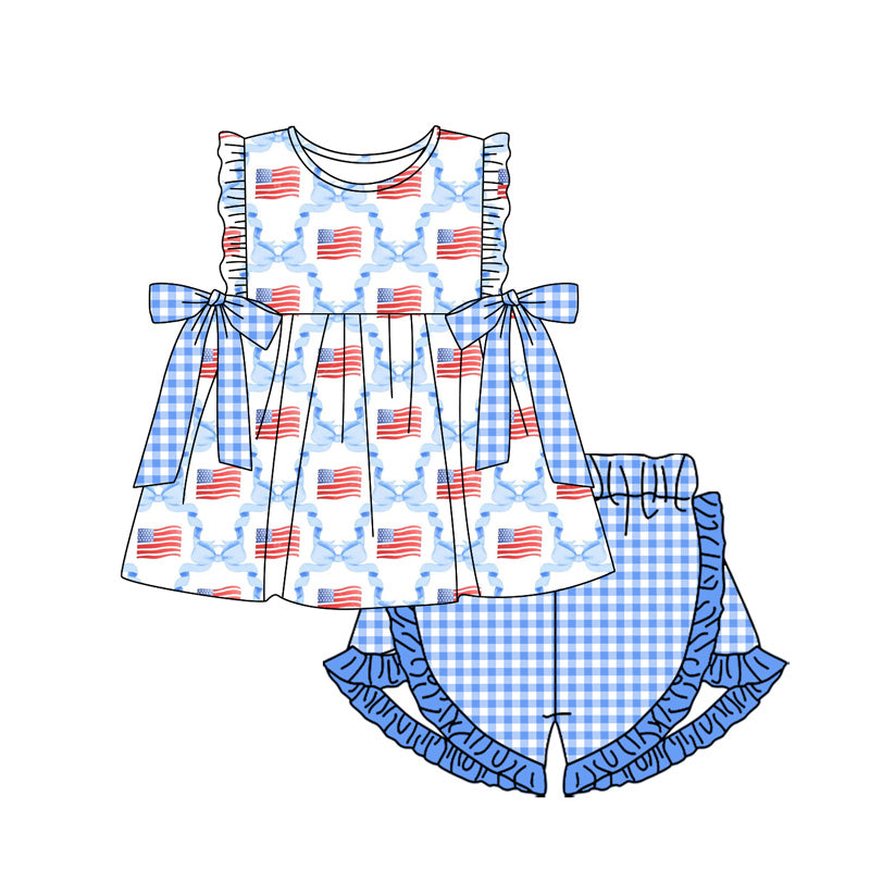 pre -order blue bow flag print girls Summer set GSSO1684