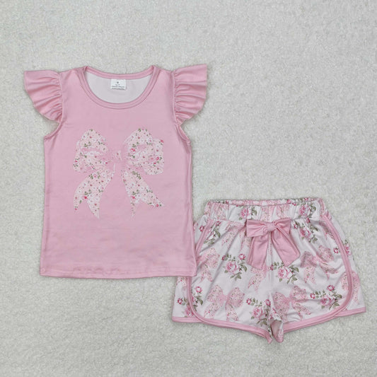 Pink bow flowers girl Suit Summer Set