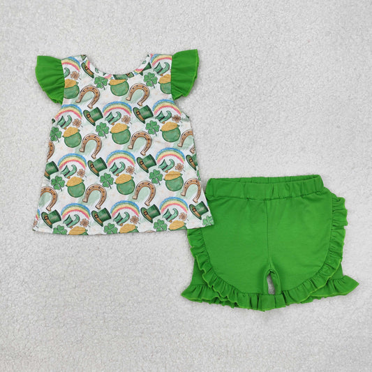 Green four leaf clover print shorts girl Set