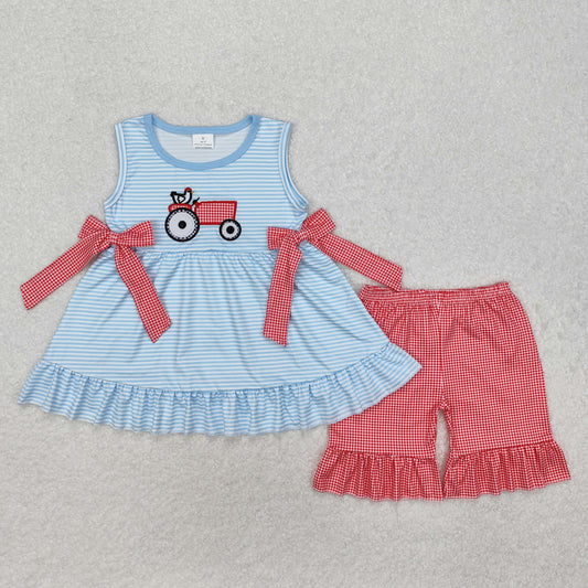 blue stripe truck embroidery girls Suit Summer Set