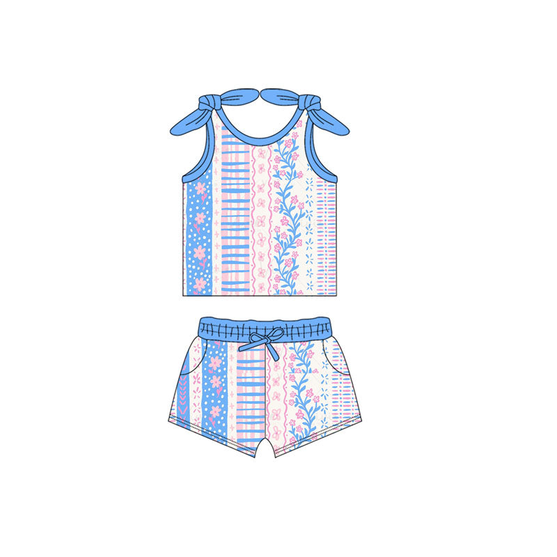pre -order blue pink flowers girl Short Sleeve girl set GSSO2139