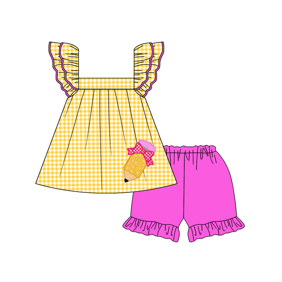 pre -order Yellow plaid pencil print back to school girl Set GSSO2157