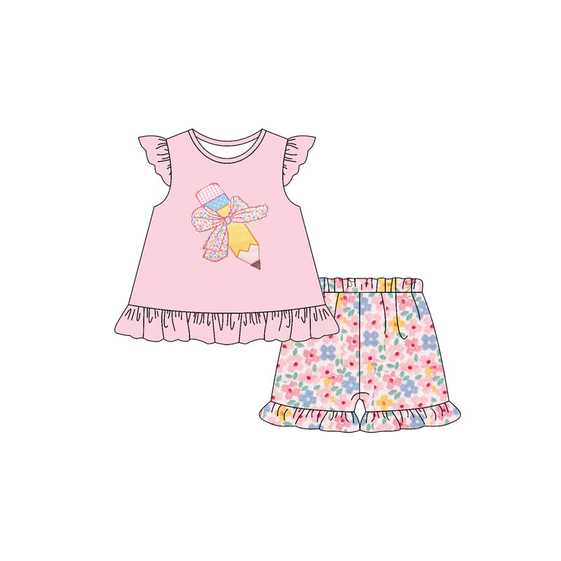 pre -order pink bow pencil floral flying sleeve print girl Set GSSO2172