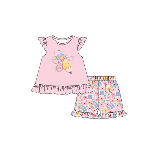pre -order pink bow pencil floral flying sleeve print girl Set GSSO2172