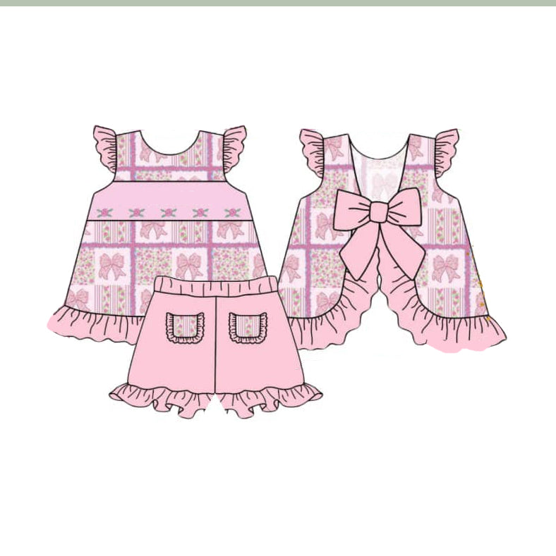 pre -order pink bow flowers print Sleeveless girl set GSSO2305