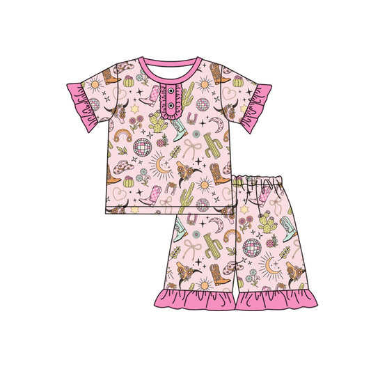 pre -order Pink cowgirl boots print short Sleeve girl set GSSO2323