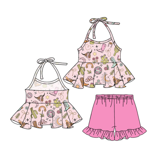 pre -order Pink cowgirl boots print short Sleeve girl set GSSO2324