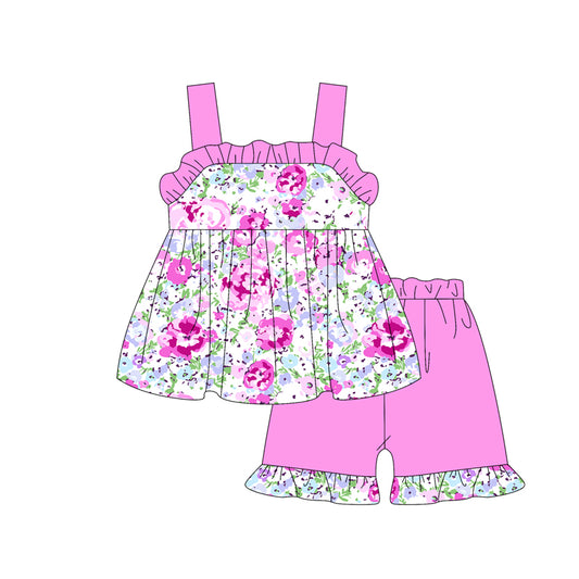 pre -order purple flowers print short Sleeve girl set GSSO2326