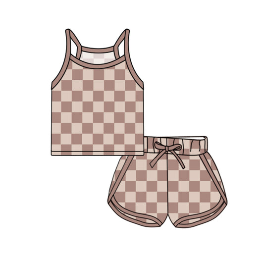 pre -order brown plaid print Sleeveless girl set GSSO2335
