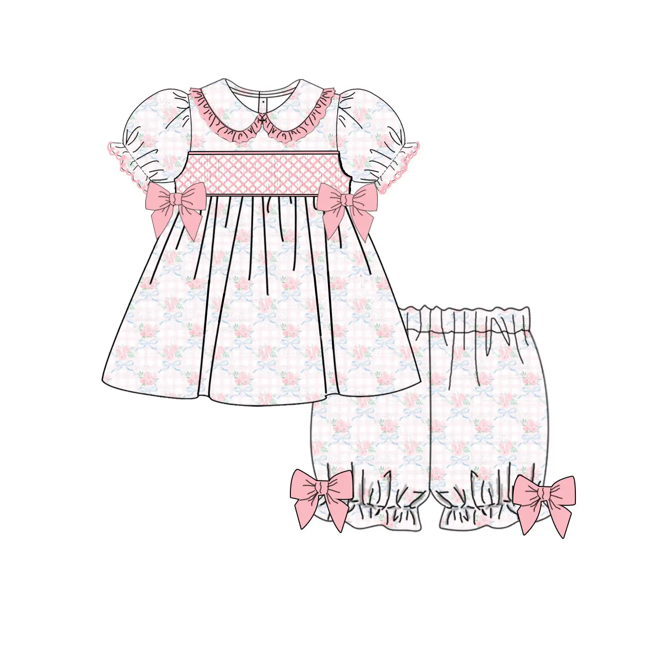 pre -order pink flowers bows print girl dress GSSO2368