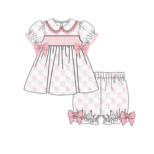 pre -order pink flowers bows print girl dress GSSO2368