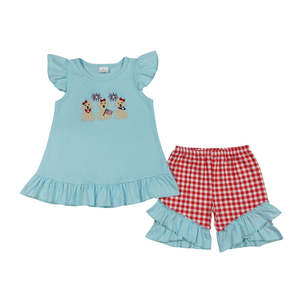 4th of july Dog embroidered flag Embroidery Girls Set GSSO3356