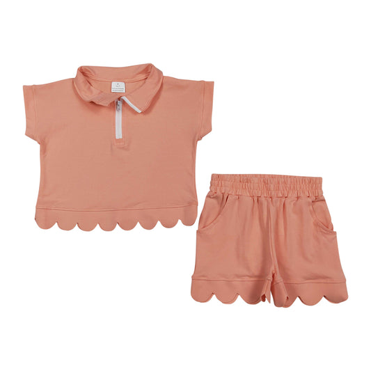 Coral Color scalloped edges Short sleeve Girls Set GSSO3374