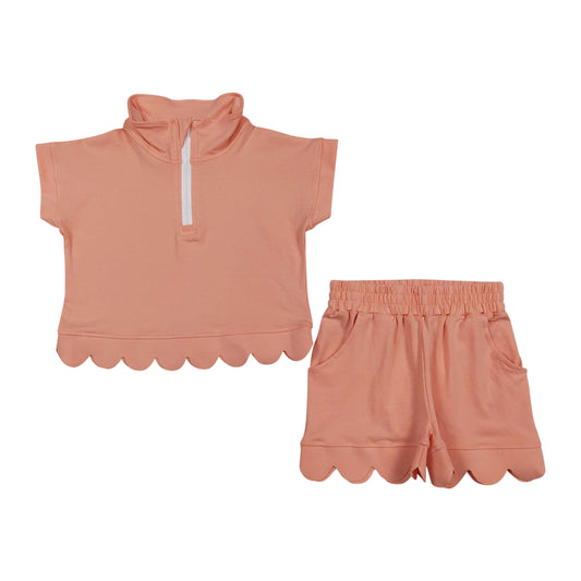 Coral Color scalloped edges Short sleeve Girls Set GSSO3374