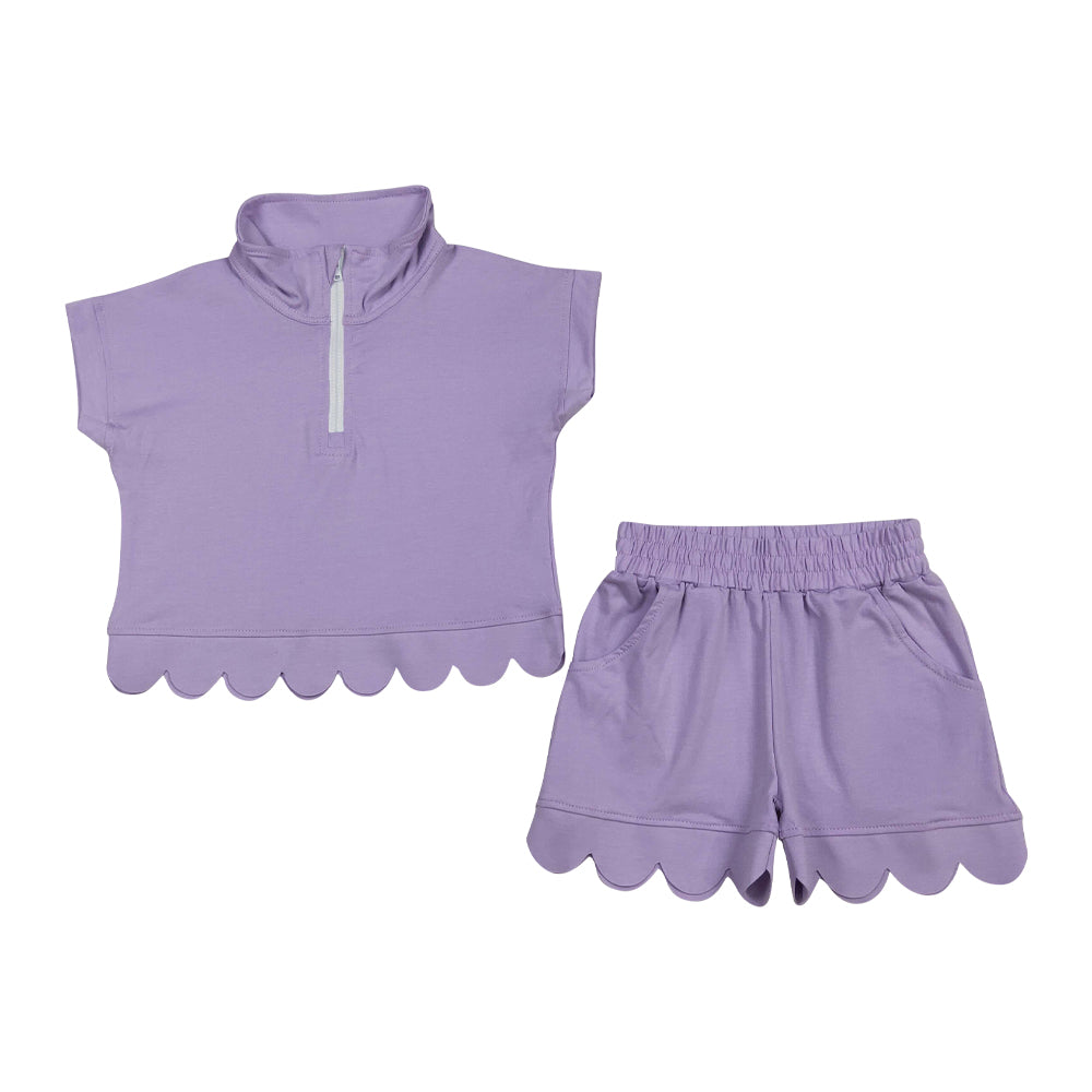 Dark purple Color scalloped edges Short sleeve Girls Set GSSO3377