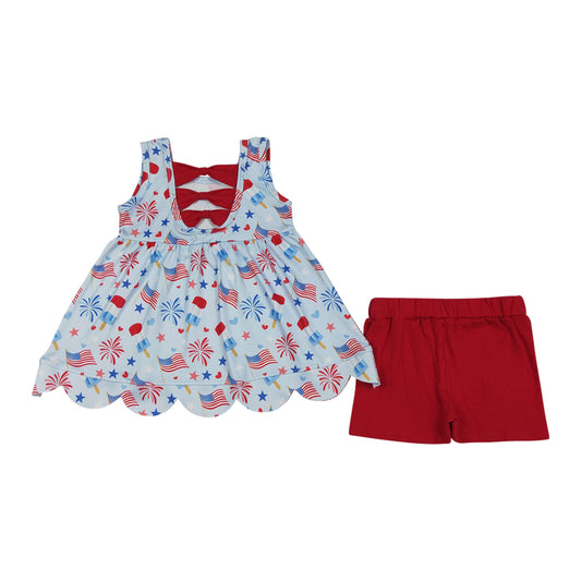 July 4 th fireworks flag scalloped edges Short sleeve Girls Set GSSO3386