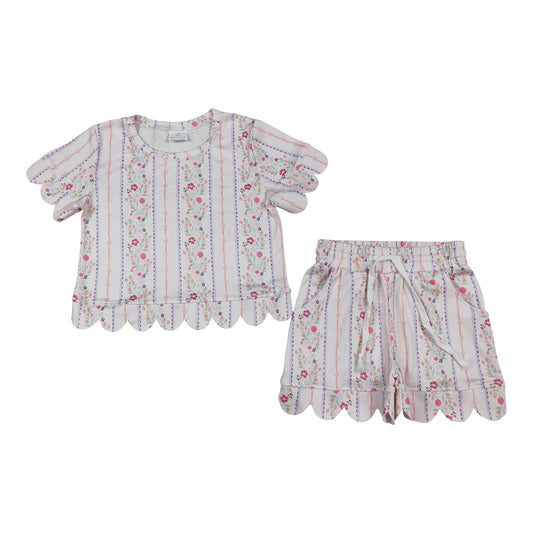 flower scalloped edges Short sleeve Girls Set GSSO3411