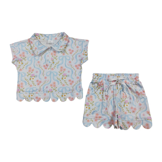 Summer flower Bow scalloped edges sleeveless Girls Set GSSO3575