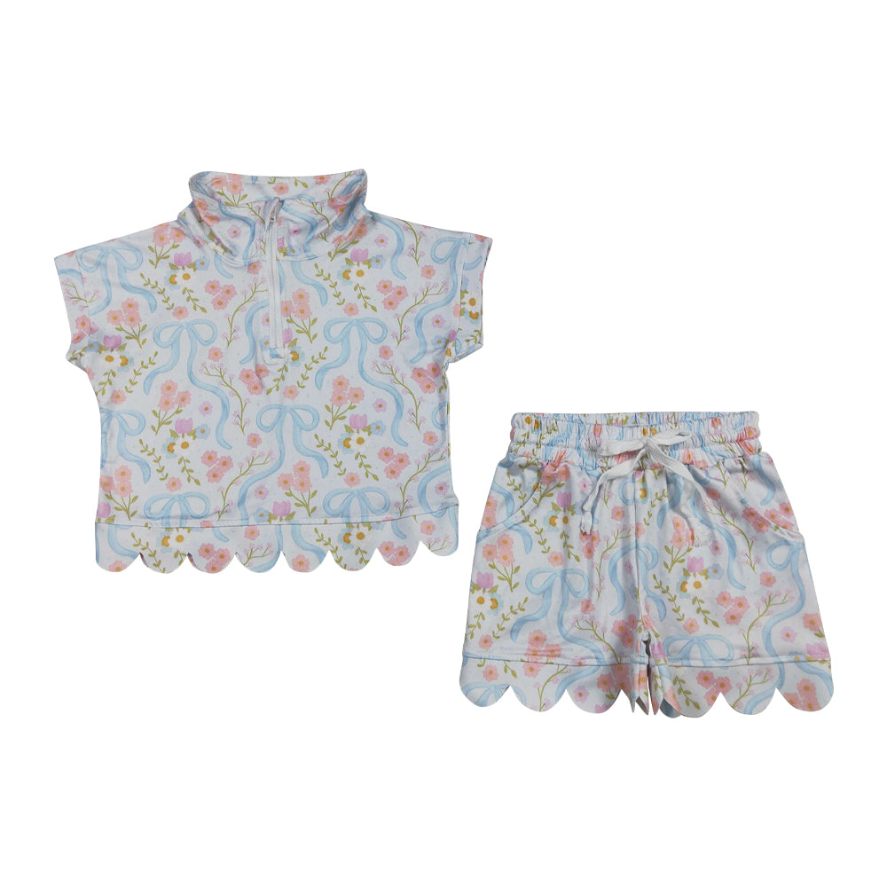 Summer flower Bow scalloped edges sleeveless Girls Set GSSO3575